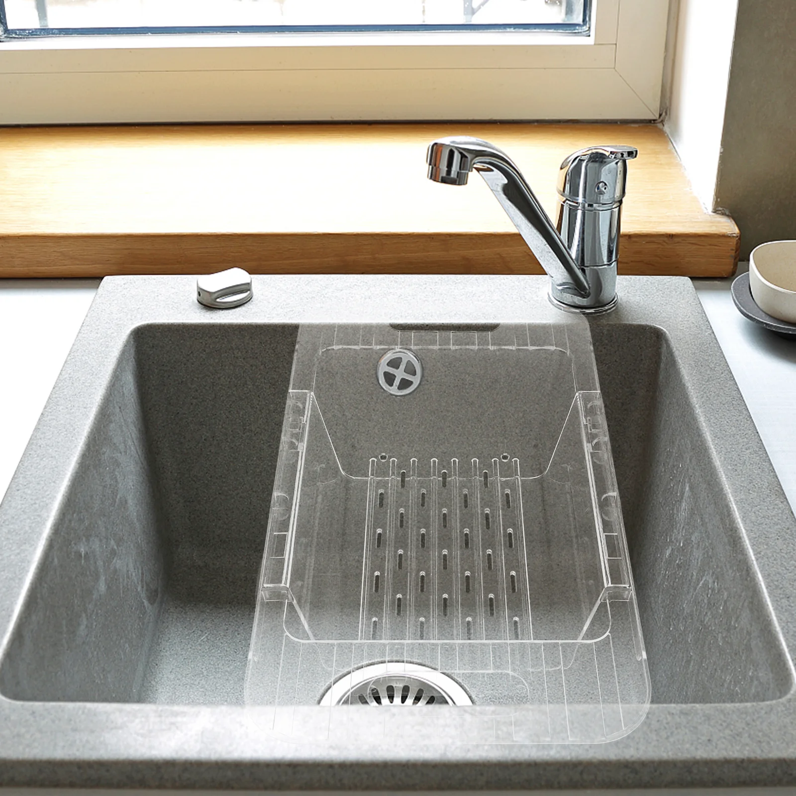 

Retractable Sink Drain Rack Adjustable for Vegetables Dishes Storage Transparent White Plastic Kitchen Organizer Drainer Rack