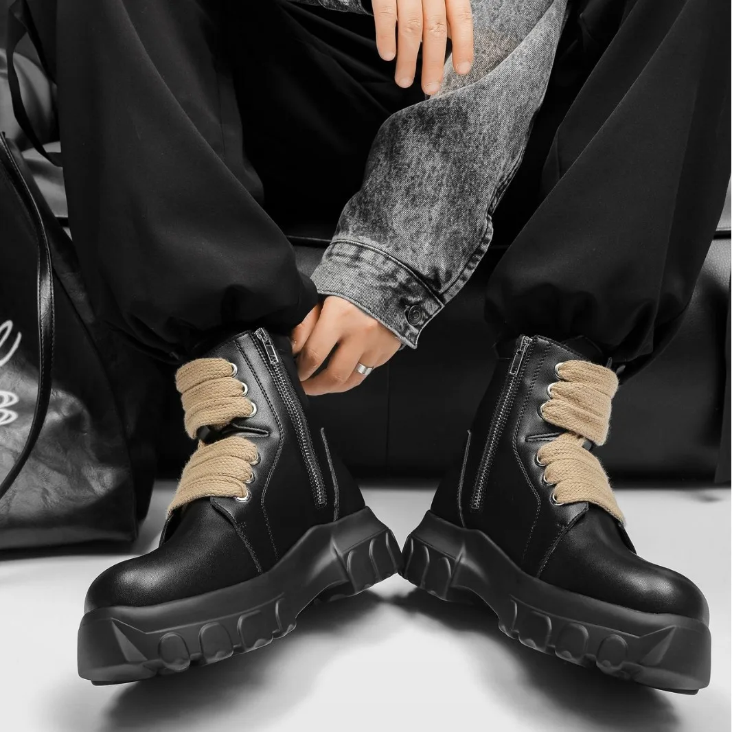 Botas de hombre de cuero polar corto de felpa mantener caliente pisos plataforma creciente tobillo zapatos Casual High Street Vintage zapatillas Owen