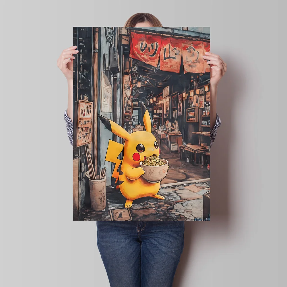 Impresión en lienzo de Pokémon Pikachu, póster de dibujos animados comiendo fideos, imagen de estilo retro, decoración moderna para el hogar, sala de estar, restaurante, clásico