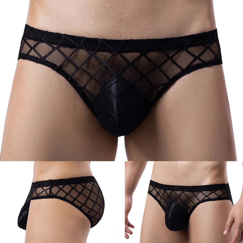 New Men Thin Erotic Low Waist Transparent Diamond Mesh Soft Lingerie Briefs Underwear Panties Solid Male Briefs Shorts