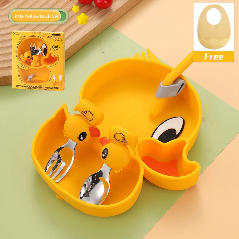 Baby Silicone Plate Non-Slip Suction Bowl Plate Waterproof Baby Dishes Children Fork Spoon Set Food Feeding Bowl BPA Free+Gift