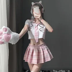 Japanese School Girl Cosplay Women Sexy Lingerie Sweet Student Uniform Tops with Plaid Skirt and Tie Set Role Play Costume