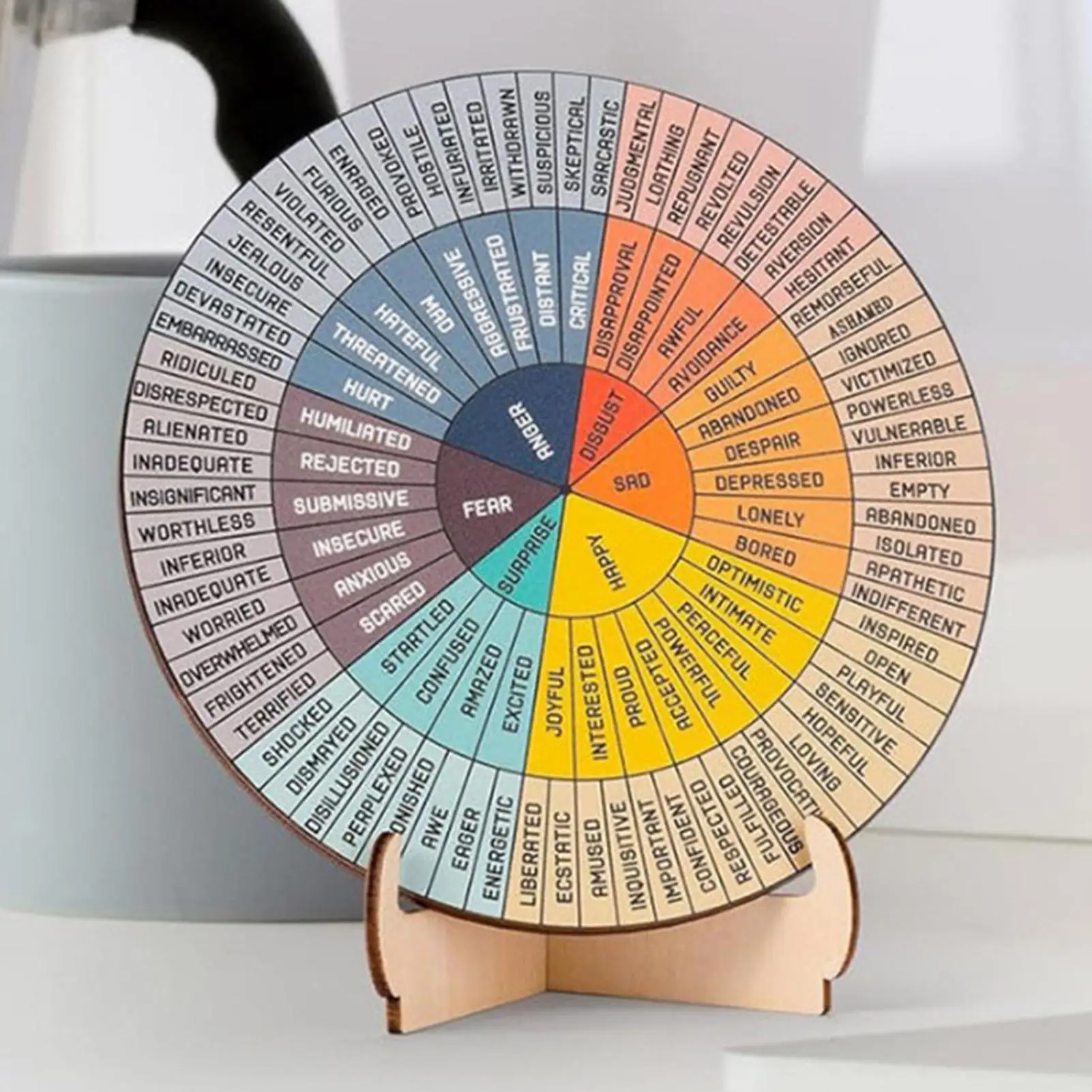 Feelings Wheel Chart Double-Sided Emotions Calming Chart Emotions Chart Wheel Wooden Mood Wheel for Desktop Windowsill Shelf