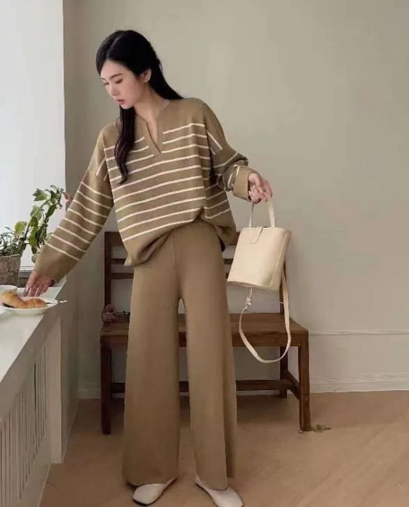 Korean Fashion Casual Knitted Two Piece Set for women Striped Long Sleeve Loose Pullover Sweater + Wide Leg Pants Sets Tracksuit