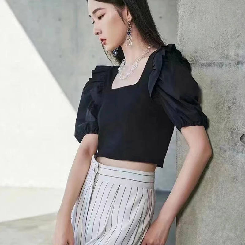 Women T-shirts Korean Version Solid Color Square Neck Slim Crop Top With Puff Sleeves, Summer Knitted Panel Top