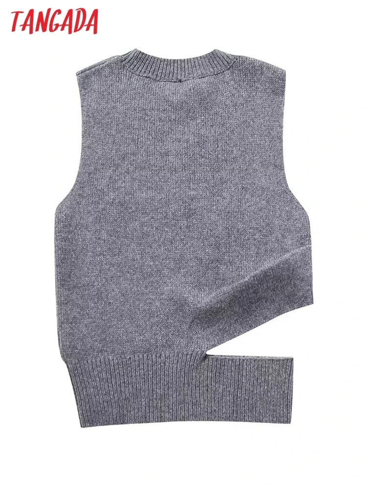 Tangada Women 2023 Cut-out Crop Knitted Vest Sweater Sleeveless Female Waistcoat BE274