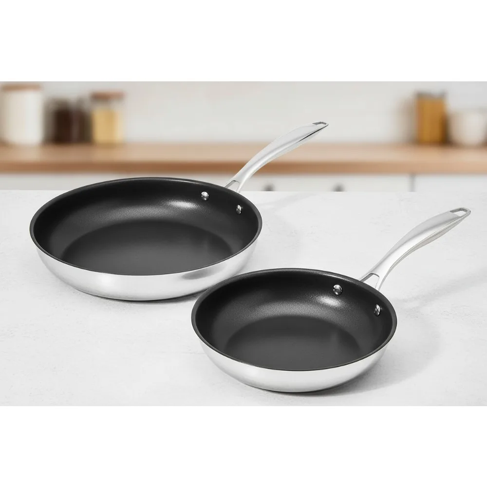 

Premium 2-Piece Non-Stick Stainless Steel Fry Pan Set, Oven & Induction Safe, 10-Inch & 8-Inch for Home Chefs