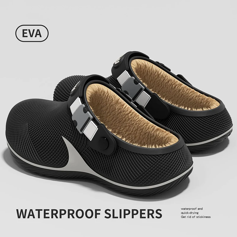 Wasserdichte Eva-Fell-Clogs-Hausschuhe für Herren 2026 Winter Chunky-Plateau Warme Plüsch-Mules-Hausschuhe mit dicker Sohle Rutschfeste Hausschuhe – Detail 4
