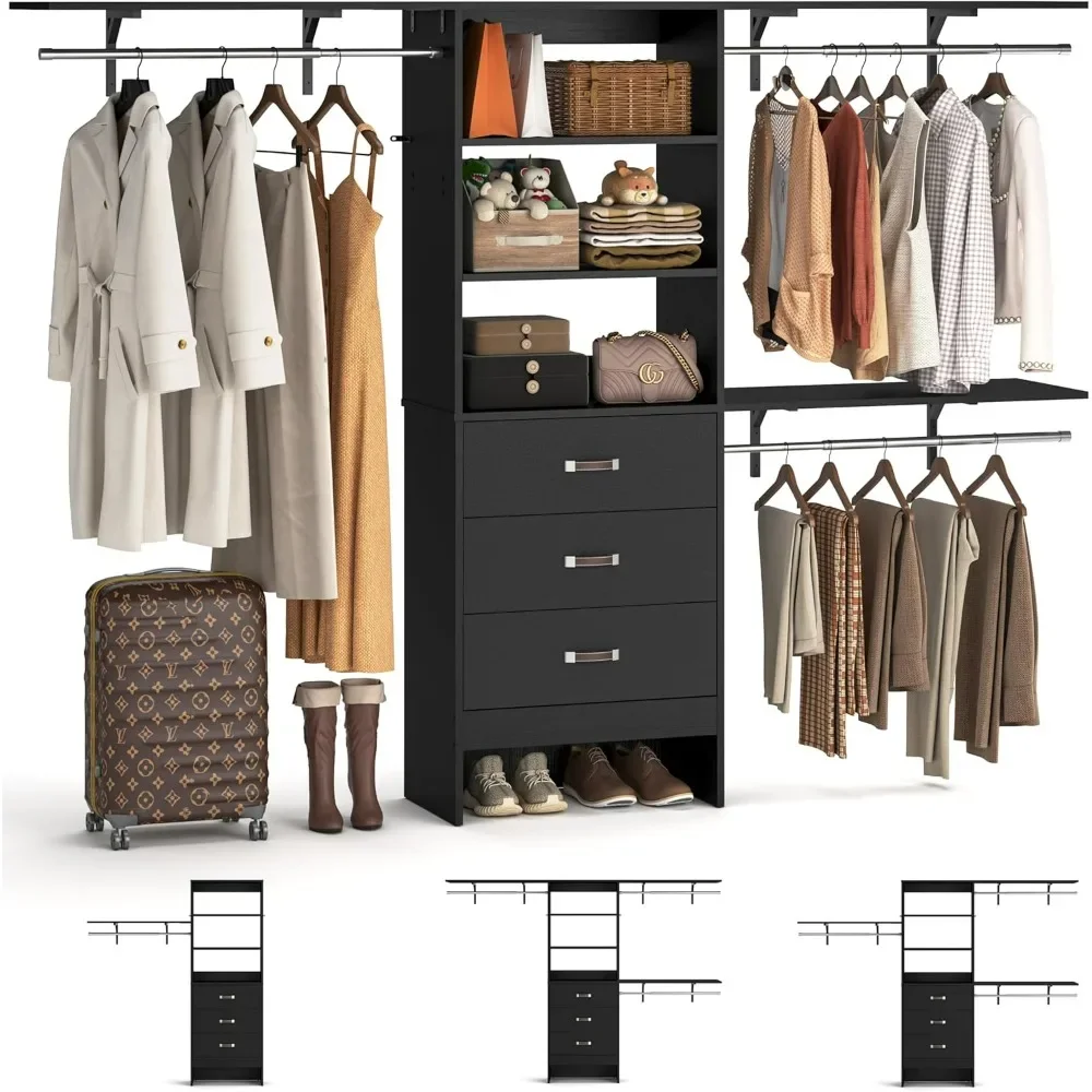 8-foot wall mounted bedroom wardrobe (with 3 drawers and a walk-in closet), 5 to 8-foot adjustable fabric rack, black