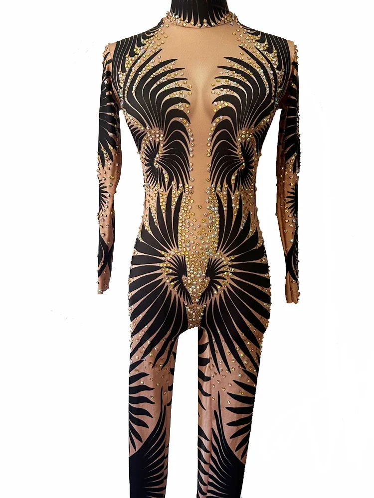 Black Printed Stretch Jumpsuit Long Sleeves Women Outfit Nightclub Bar Birthday Party Wear Dance Costume Sexy Women Gift