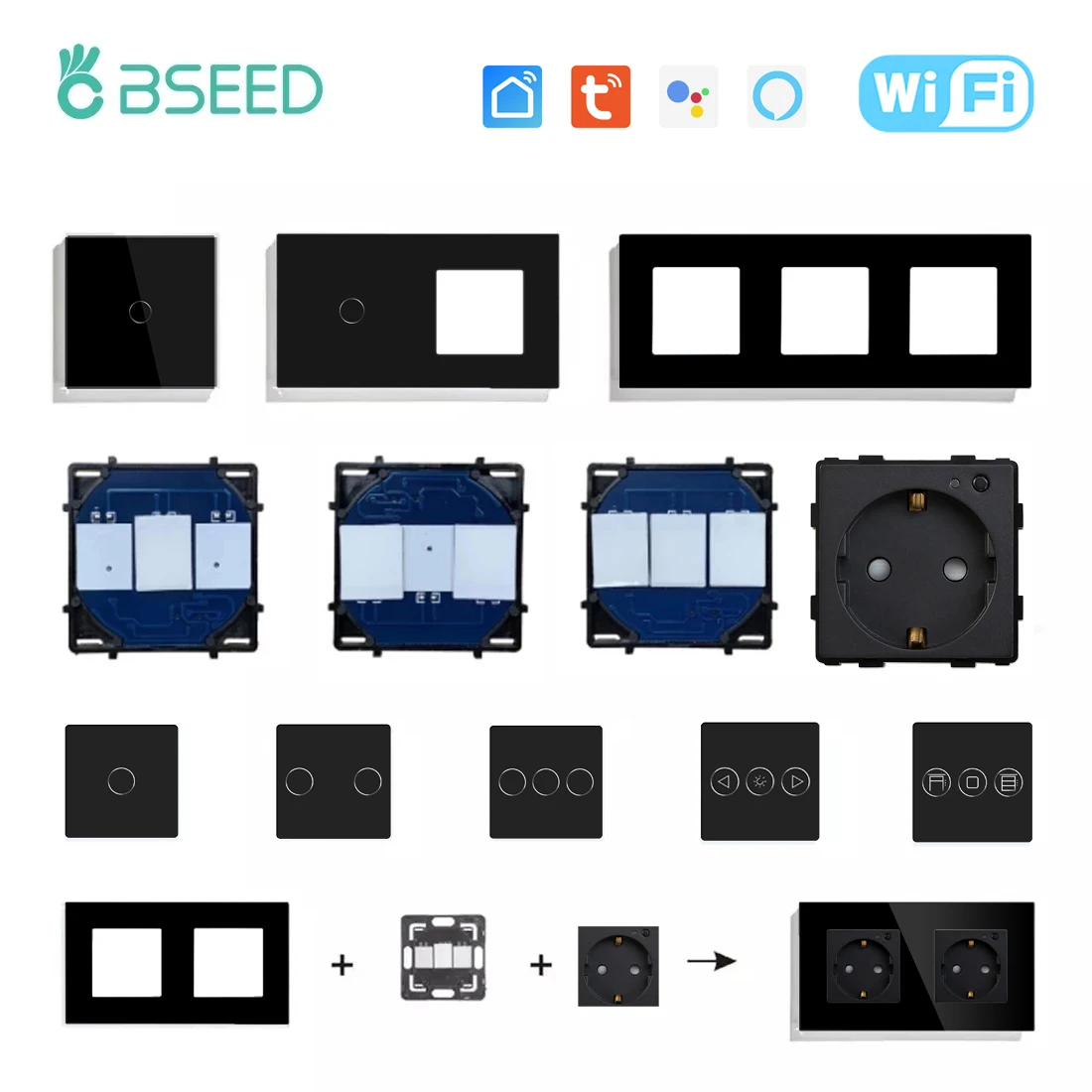 BSEED WIFI Touch Light Switch Part Smart Wifi Switch Function DIY Part EU Wifi Socket Outlets Parts Glass Panel Only Black