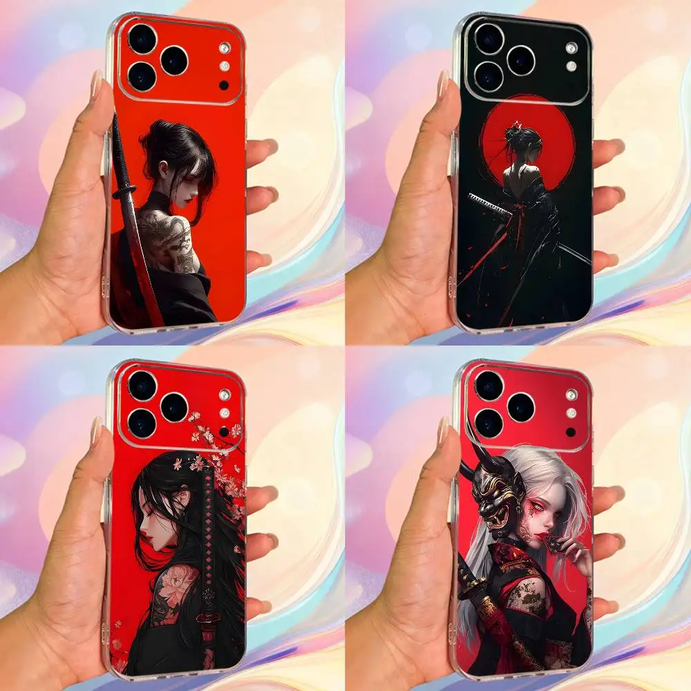 

Art Warrior Woman Japanese Case For iPhone 17,11,12,13,16,14,15,Pro,Max,Plus,X,XS,XR,SE,Mini Transparent Soft Silicone