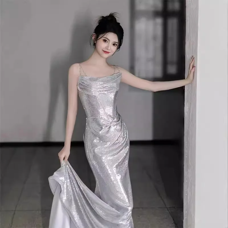 Silver Sequin Evening Dress 2025 New Style Elegantly Hosted Ball Waist Cinched Fish Tail Strapless Gown Long Evening Gown