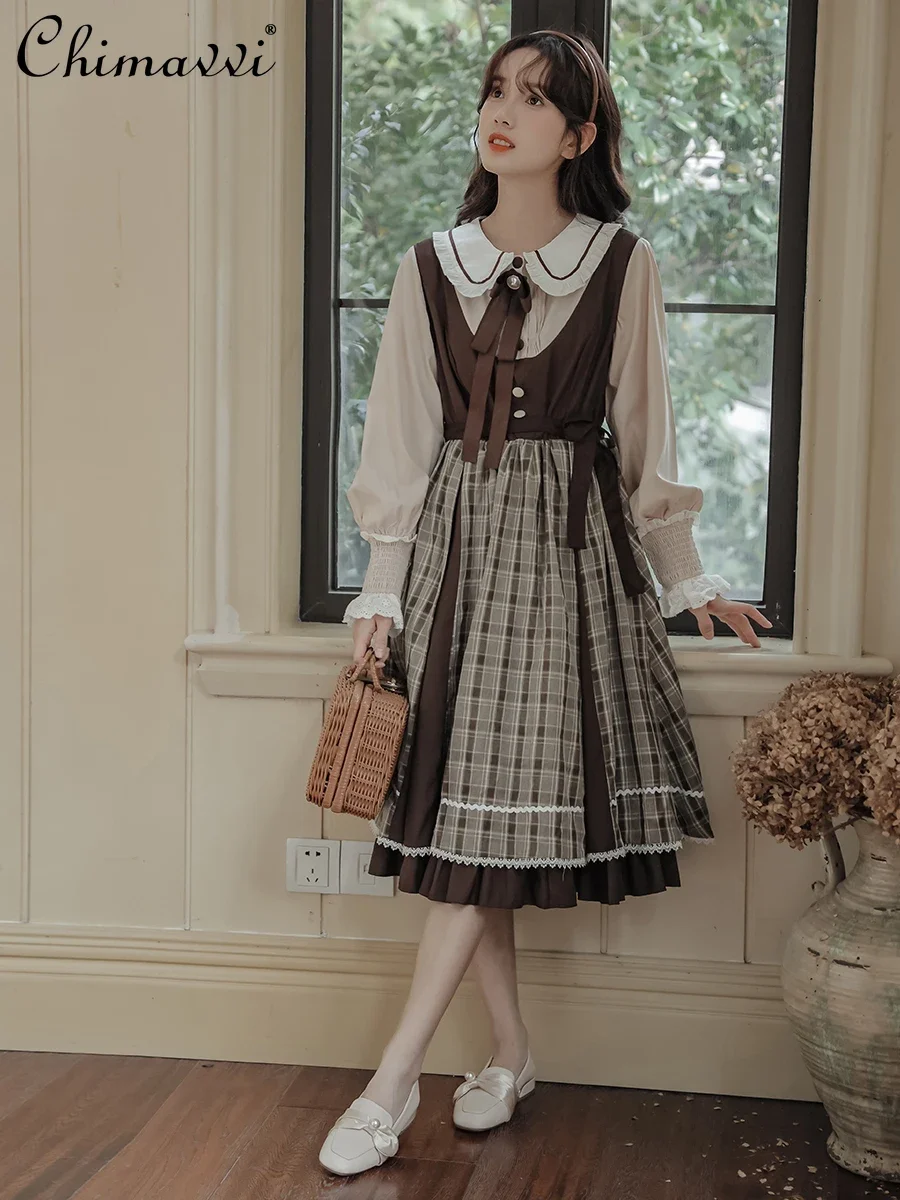 

Japanese Elegant Retro Preppy Style Fake Two-piece Lolita Dress Doll Collar Long Sleeve High Waist A-line Plaid Long Dress Women