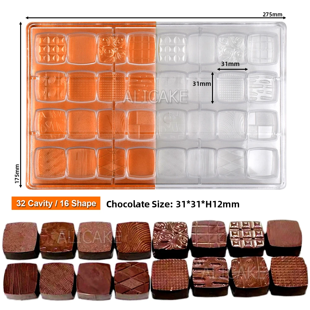 1Pcs Chocolate Molds Polycarbonate 32 Cavity Cube 16 Pattern Chocolate Candy Mold Baking Pastry Confectionery Utensils