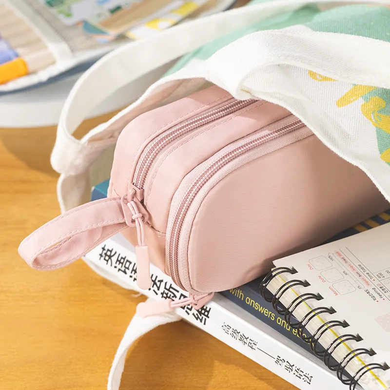 Portable Pencil Case Solid Color Multilayer Student Pen Bag Junior Students Stationery Prize Large Capacity Pencil Bag