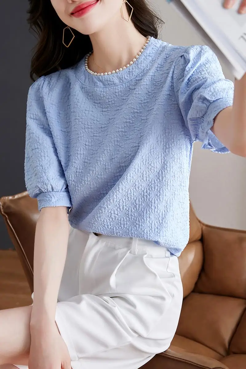 New Summer Fashion Short Sleeve O-Neck Women Blouse Beading Chiffon Blouse Shirt Women Tops Blusas Para Mujer Camisas Blusa K240