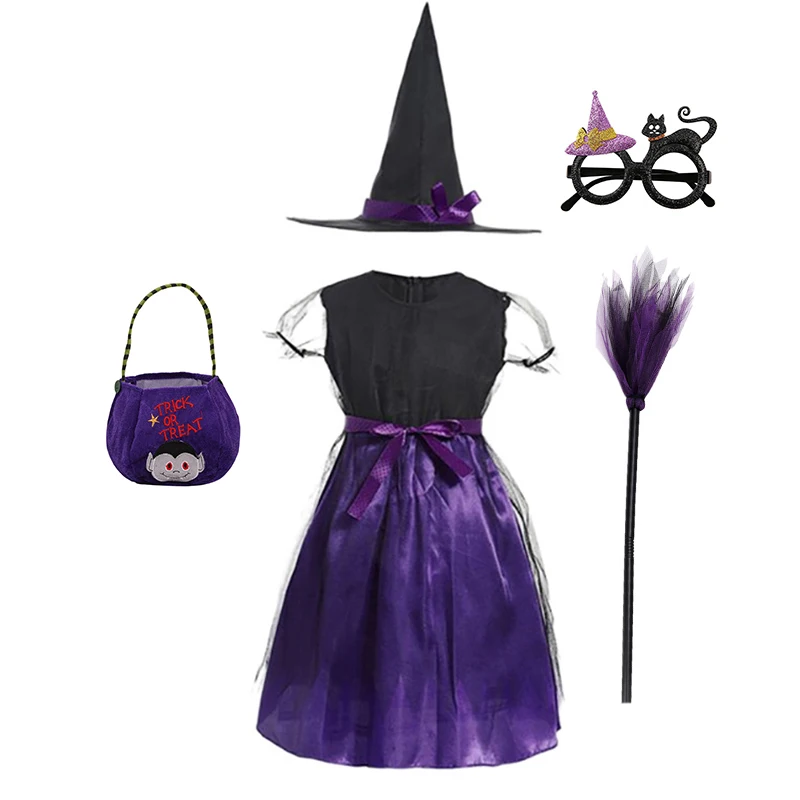 Girls Witch Halloween Costume Purple Black Tulle Dress Witch Hat Broom Candy Bag Holiday Party Fancy Dress Outfit