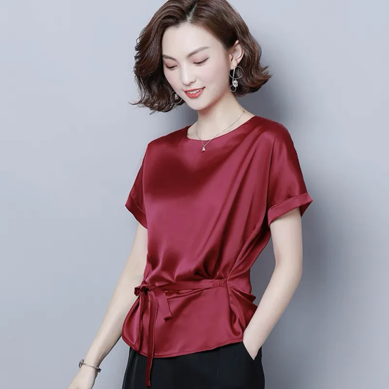 New Women fashion casual lace up artificial silk blouse,plus size office lady elegant raglan sleeve Acetate satin shirts blusas