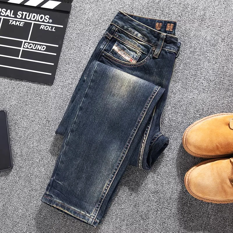 Designer Fashion New Men's Jeans, Washed, Nostalgic, Elastic, Tailored, Slimming, Retro Blue Jeans, Italian Designer, Hombre