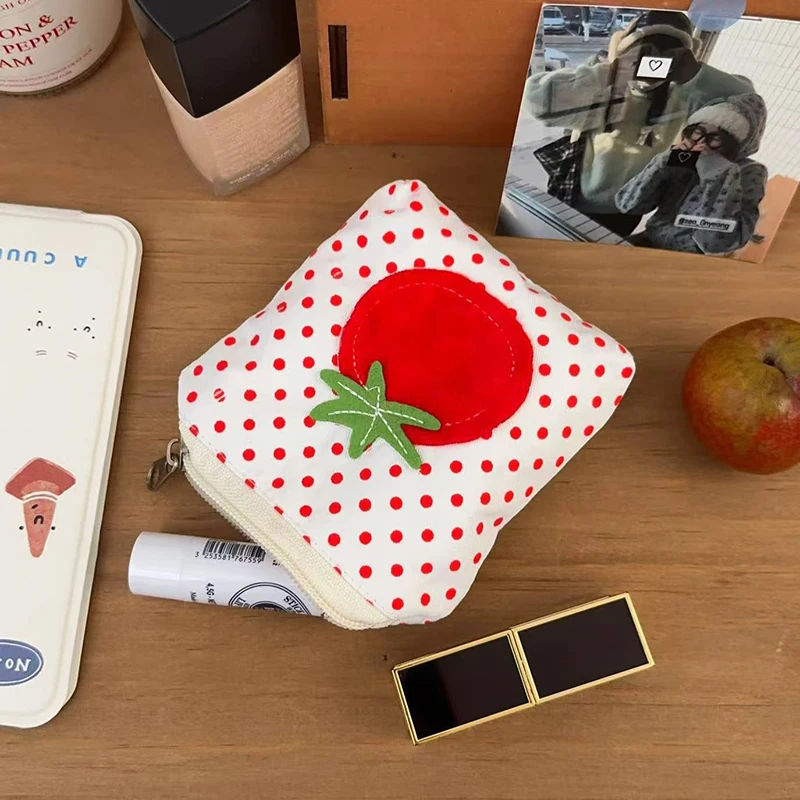 Red Polka Dot New Tomato Coin Purse, Korean Fashion Mini Portable Pouch for Lipstick, Earphones, Cards, Keys, Small Cute Shoulde