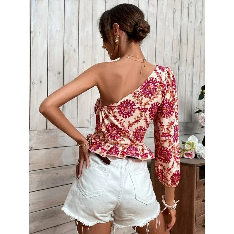 Cross border 2024 New Summer Mandala Printed One Shoulder Lantern Sleeves with ruffled hem, tied shirt and top with straps