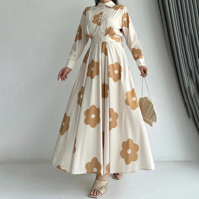 แฟชั่นสไตล์พร็อพปกพิมพ์เสื้อชุดหรูหราแขนยาวเอวสูงกระโปรงบางขนาดใหญ่ลําลองหลวมผู้หญิงแต่งตัว