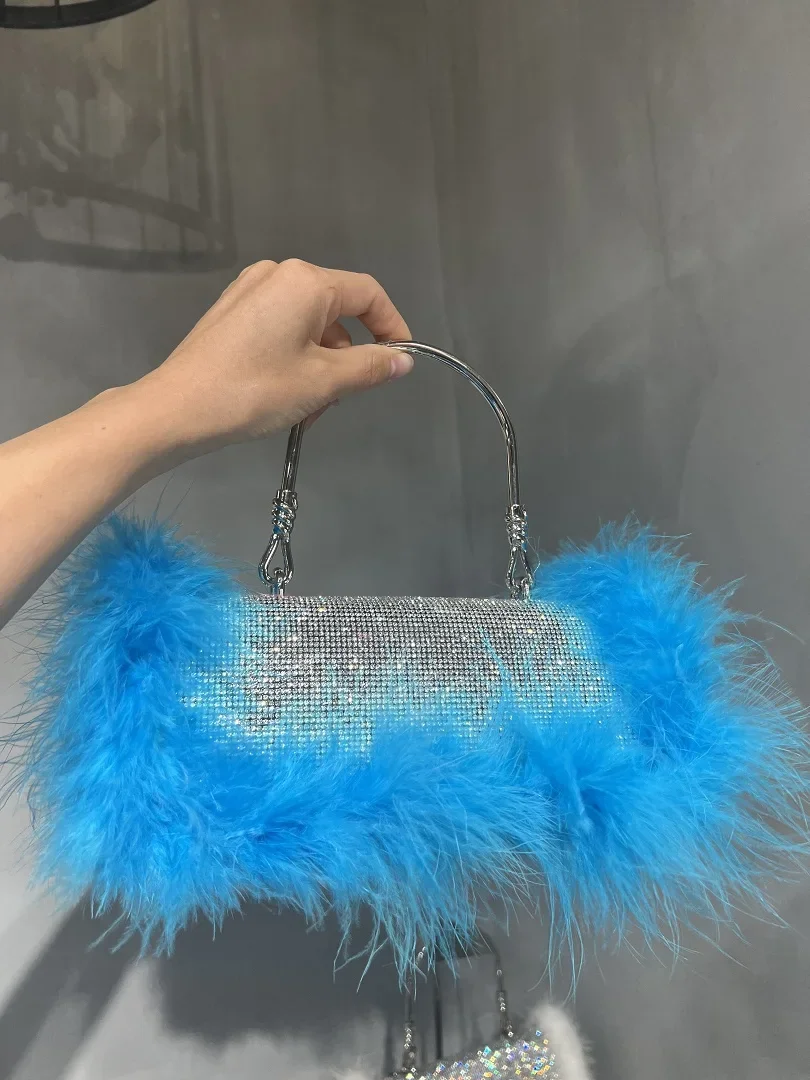 

Ostrich Feather Square Bag Women's Handbag Crystal Shiny Rhinestone Diamond Evening Dinner Party Clutch Purse Shoulder Bag