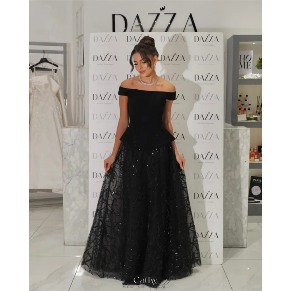 

Cathy индивидуальное черное платье трапециевидной формы для выпускного вечера с открытыми плечами, элегантное вечернее платье без рукавов длиной до пола, 2025