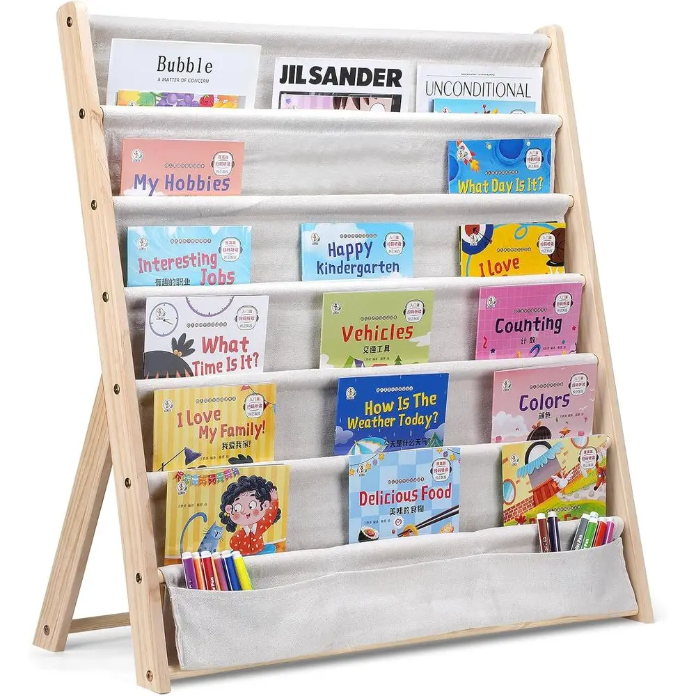 

Деревянный книжный шкаф для детей, 6-ярусная полка для хранения и демонстрации книг с тканевыми корзинами, легко устанавливаемая подставка для журналов, или детский стеллаж