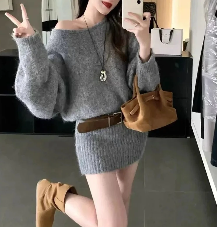 

Women Knit Pullover Sweater Bat Sleeve Sexy Long Knitwears Hip Skirt Sweater with Sashes Vintage rKnitted