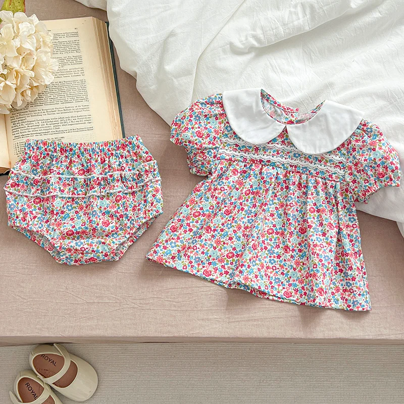 Summer Baby Girls Clothing Sets Puff Sleeve Top Floral Print Blouse + PP Shorts Infant Newborn Girl Clothes Suit Bbay Cherry Set