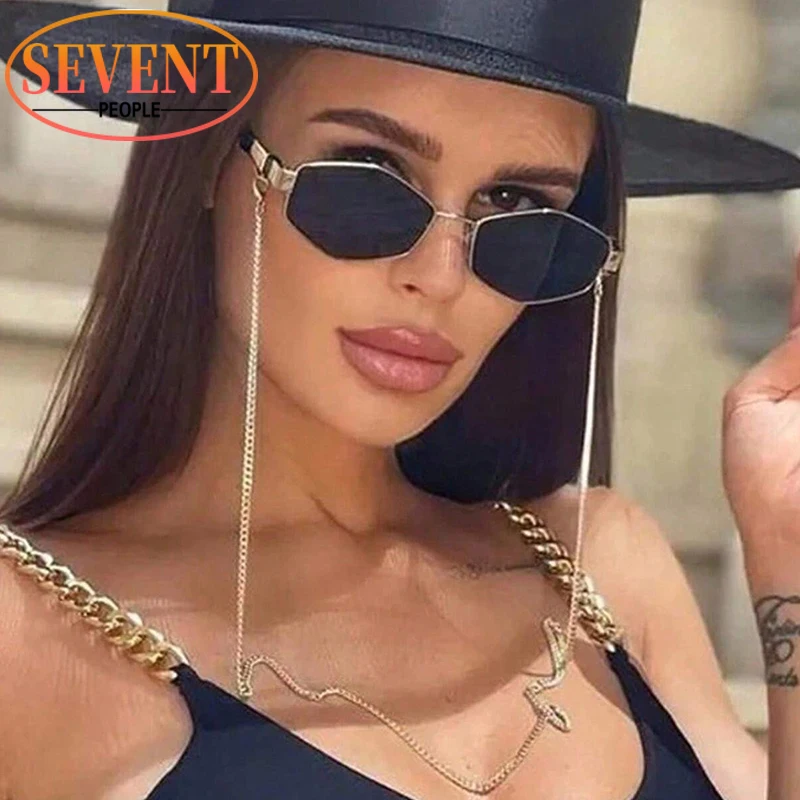 Sexy Small Frame Hexagon Sunglasses Women 2024 Luxury Brand Designer Trendy Punk Sun Glasses For Ladies With Metal Eyewear Chain