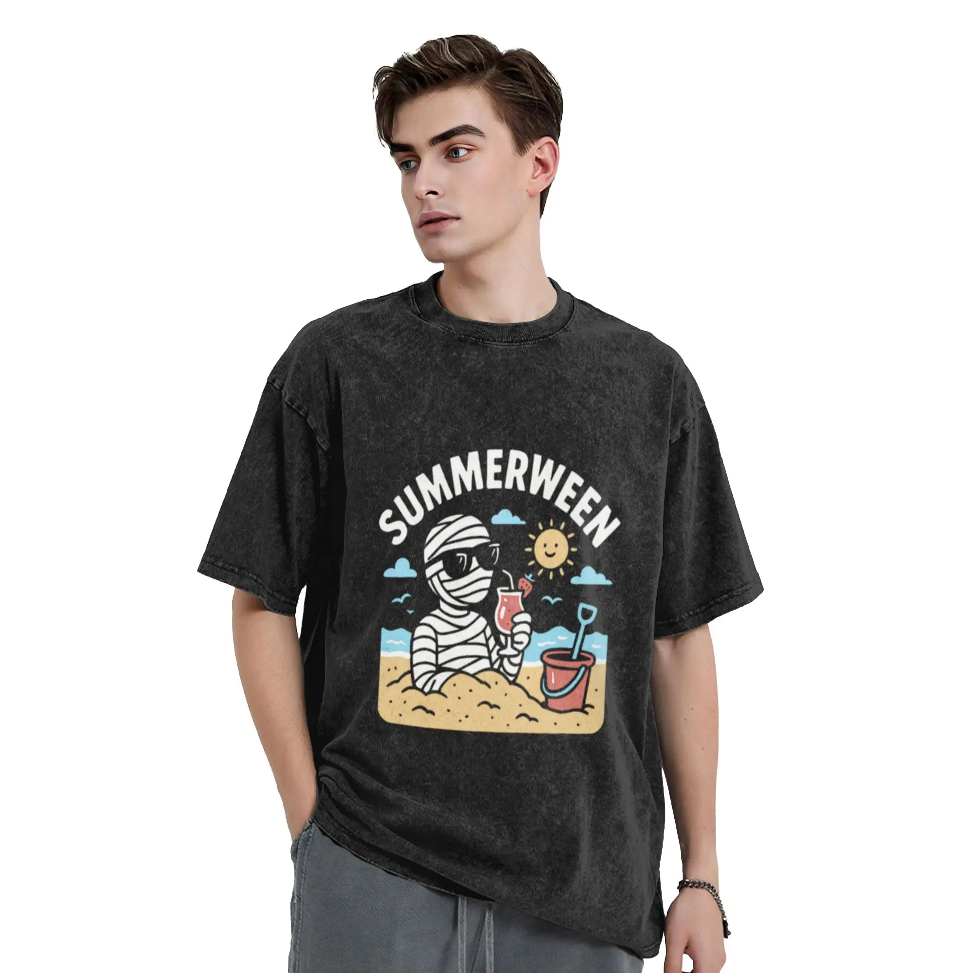 Summerween Summer Halloween Mummy Summerween Gear  Unique Stylish A Washed T Shirt Men's Women's Oversized Cotton Tees Tops
