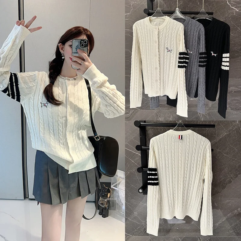 

Wool Knit Loose Single Breasted Sweater Jacket Female Cartoon Dog Embroidered Striped Cardigan Women's Coat Casual O-collar Tops