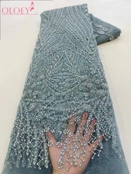 Tessuto di pizzo di perline fatto a mano con ricamo francese di nuova moda con tessuto nigeriano africano di paillettes per abito da sposa