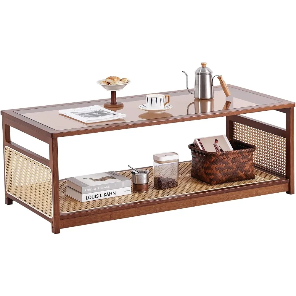 

Современный прямоугольный двухъярусный журнальный столик со стеклянной столешницей и полкой для хранения вещей для гостиной