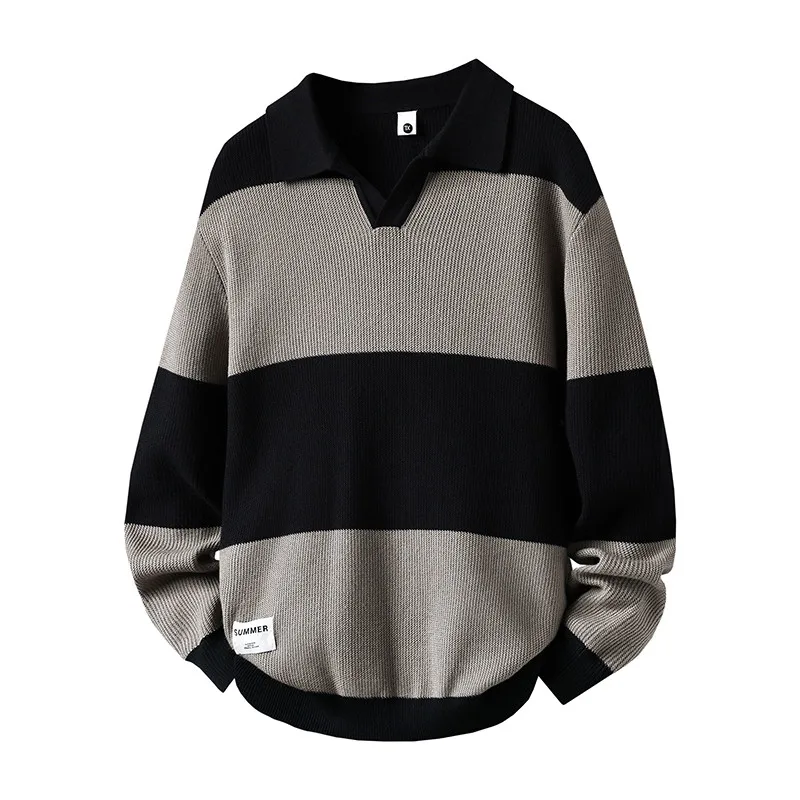 

Faionable Knitted Sweater Casual Long Sve Collared Men's Sweater Autumn Stripe Top Versatile Comfortable Midweight Knitwear