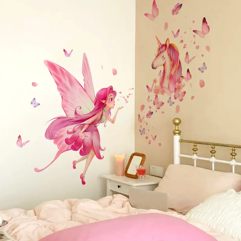 Cute Butterfly Girl Unicorn Wall Stickers Children Room Kindergarten Room Living Room Decoration Sticker Self-adhesive Removable