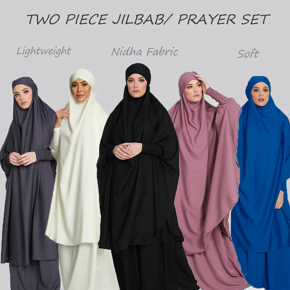 Two Piece Jilbab Prayer Set Abaya for Woman Batwing Hijab Dress Muslim Kimono Kaftan Robe Long Khimar Islam Cloth Jilbab Ramadan