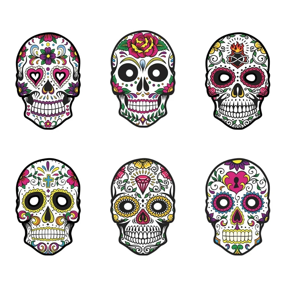 6Pcs New Full Face Halloween Skull Mask Colorful Lightweight Skull Face Mask Paper Mexican Skull Mask Day Of The Dead