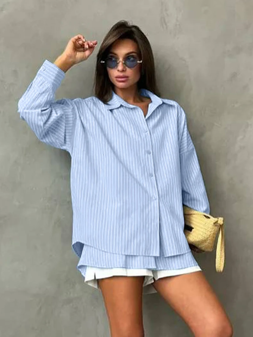 Marthaqiqi Striped Women Sleepwear Set Long Sleeve Nightgown Turn-Down Collar Nightwear Shorts Casual Ladies Pajama 2 Piece Suit