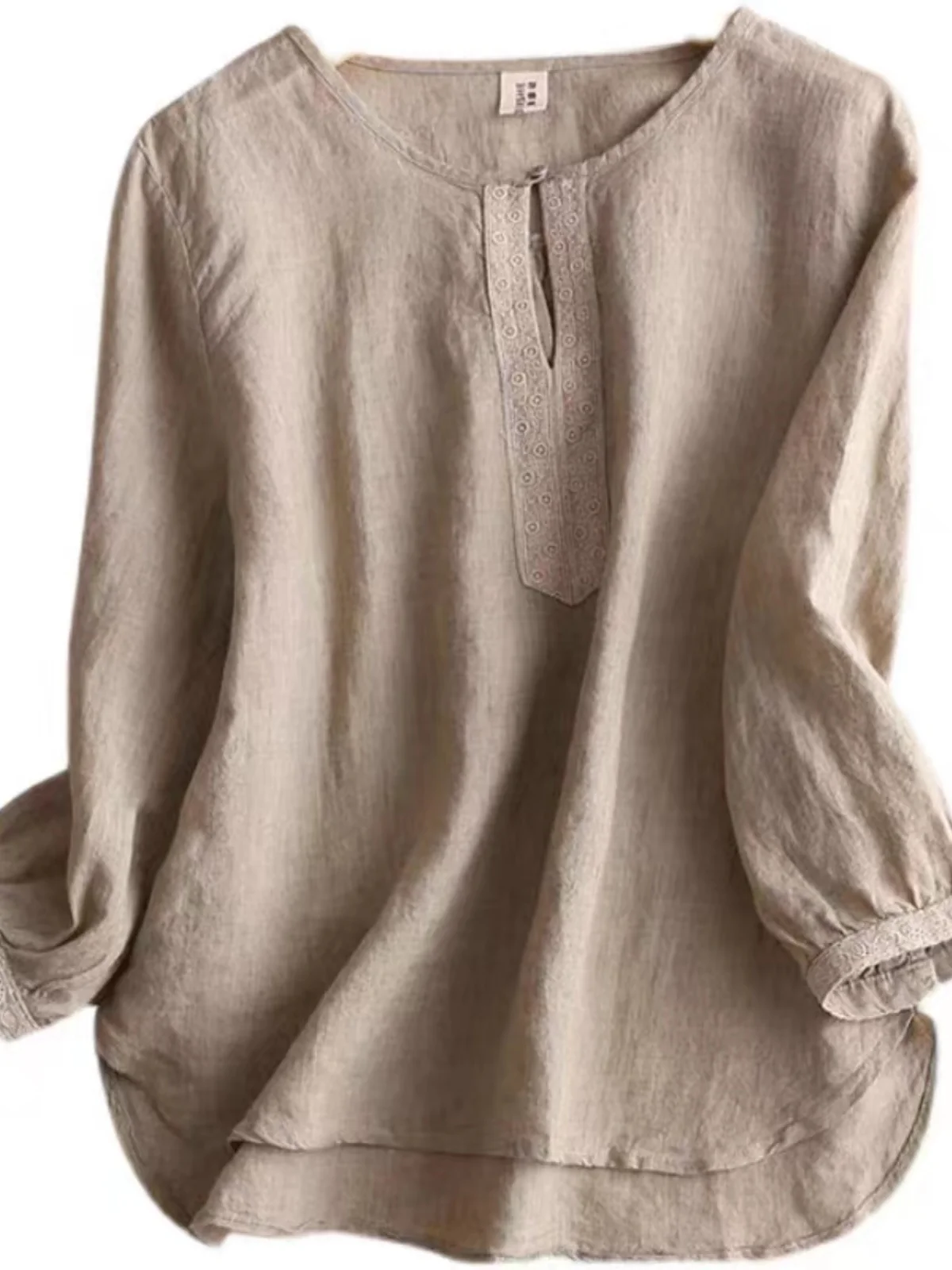 Csa Artística de Aodão e Linho para Mulheres, T-irt de Verão com Manga Nove, Top de Linho Solto com Detalhe de Botão, ...