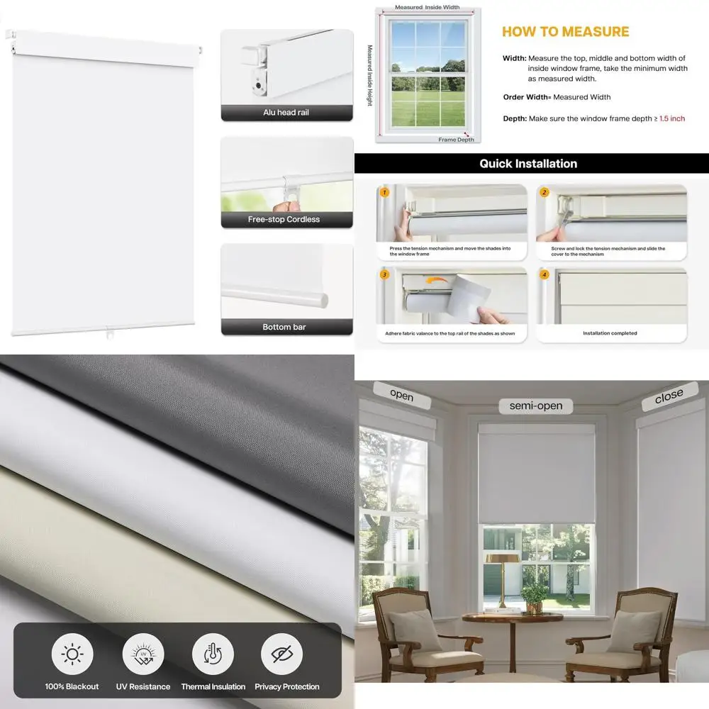 

Cordless Blackout Roller Shades, 26.5x48, White, UV-Blocking Thermal Insulation for Home & Office