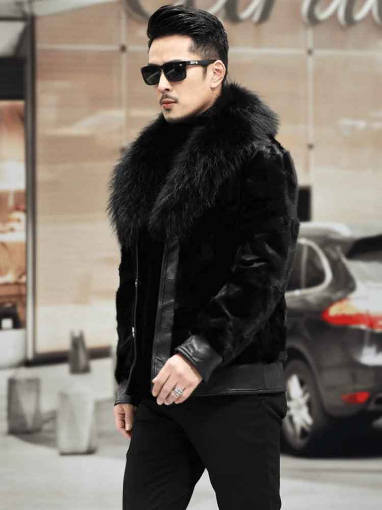 Business Man Winter Party Raccoon Fur Collar Outwear Coat Luxury Real Mink Fur Jacket Leather Patchwork Male Natural Fur Jacket