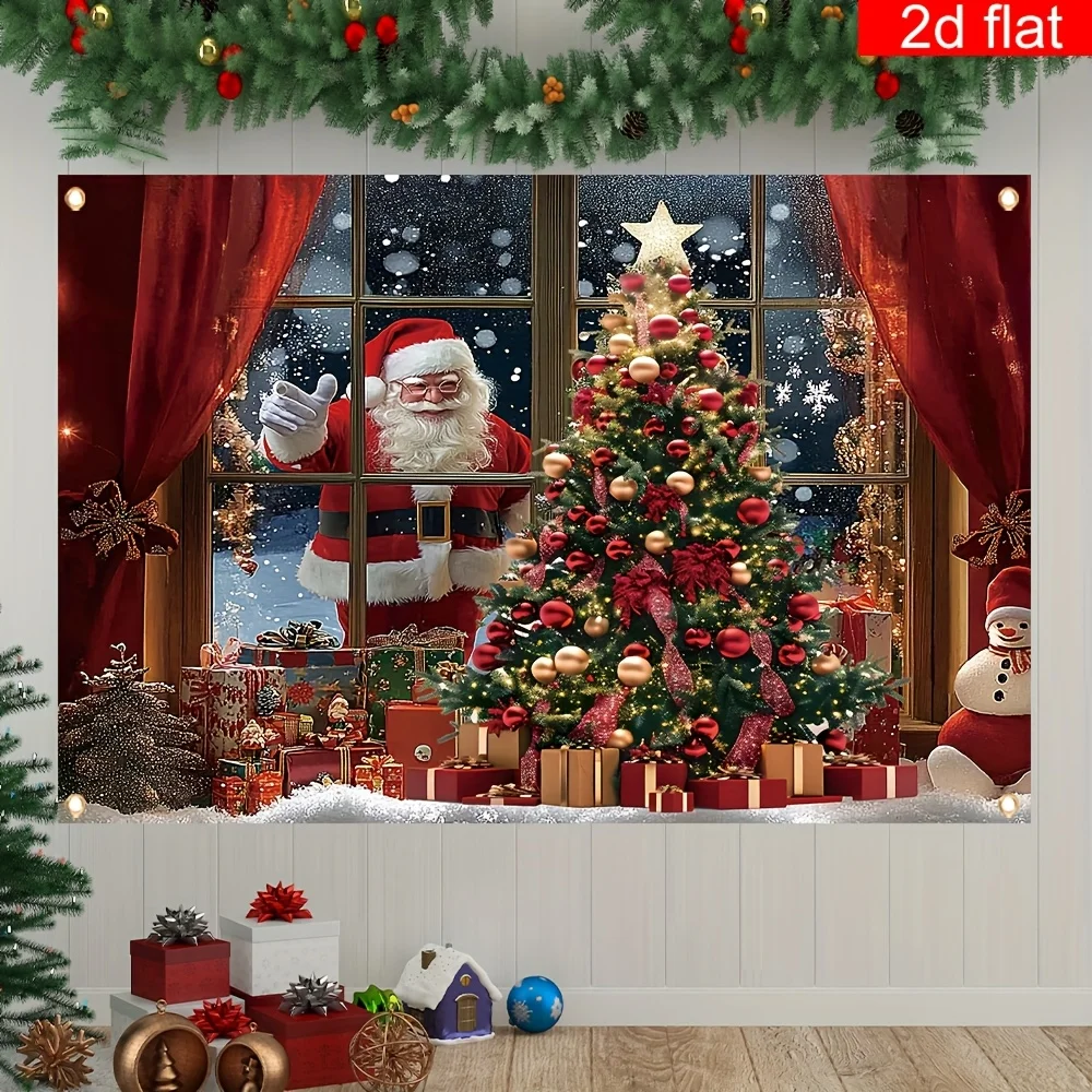 VIKAMA Weihnachten dekoratives Wandteppich-Banner Fenster Schneeszene Weihnachtsmann Winter Neujahr Zuhause Wandteppich