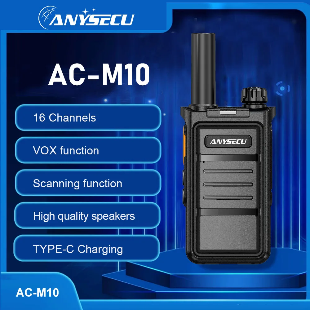 Anysecu AC-M10 2W UHF 400-470MHZ 1500mAh 16CH rádio analógico profissional FM Tansceiver um clique 50 CTCSS walkie talkie
