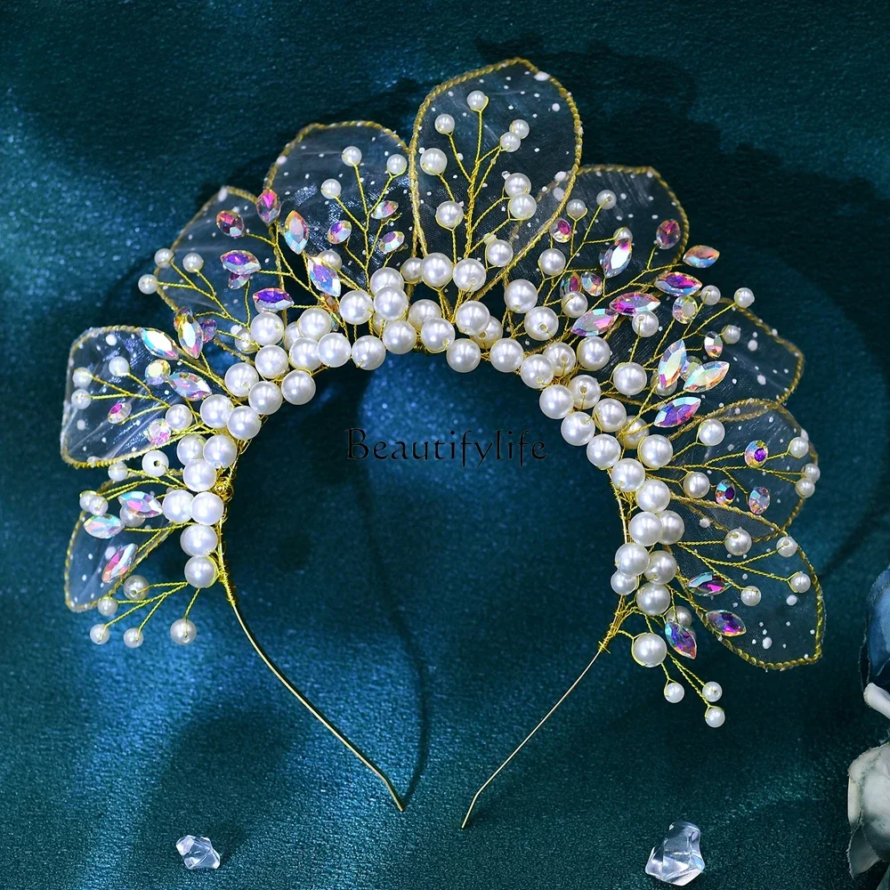 

Xianmei Mesh Leaf Shaping Pearl Symphony Rhinestone Crown Birthday Headgear Handmade Headband