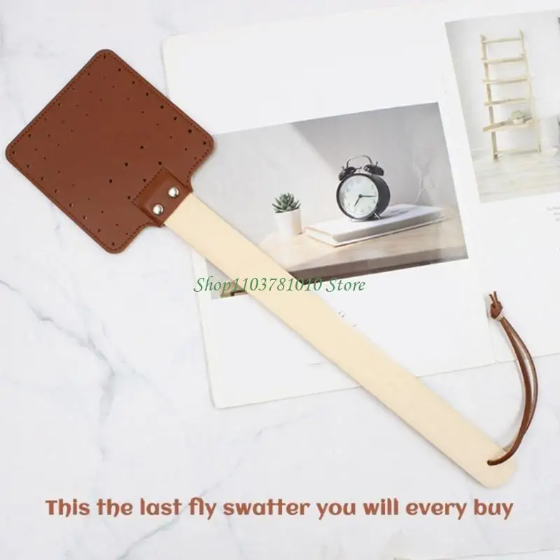 مناشف الذبابة الجلدية عالية الجودة بمقبض خشبي فعال منشة الذبابة من الجلد السميك للاستخدام المنزلي #4