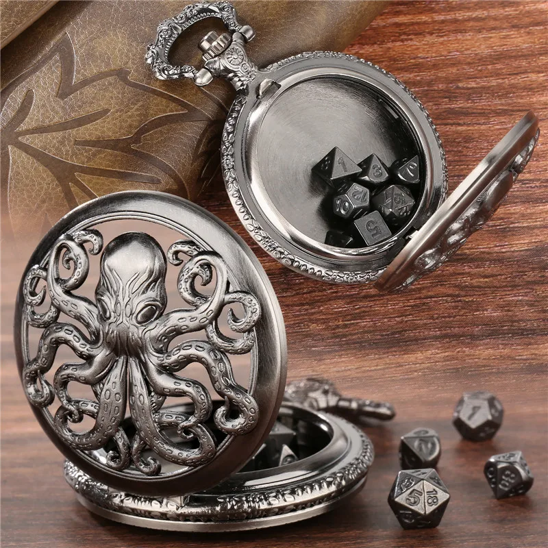 

Bronze Hollow Octopus Pocket Watch Case with Fob Chain 7Pcs Tiny Metal Polyhedral Dice Set Role Playing Board Games Accessory